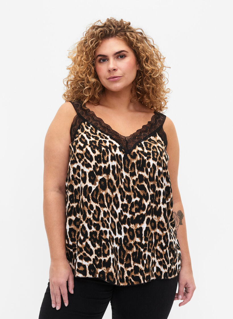 Kanten topje van viscose, Leopard, Model image number 0