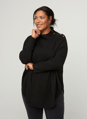 Poncho tricoté avec boutons, Black, Model image number 0