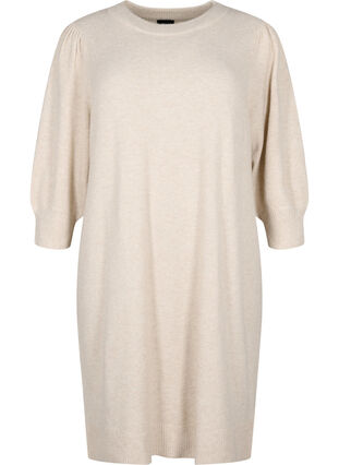 Gebreide jurk met 3/4 pofmouwen, Pumice S./White Mel., Packshot image number 0
