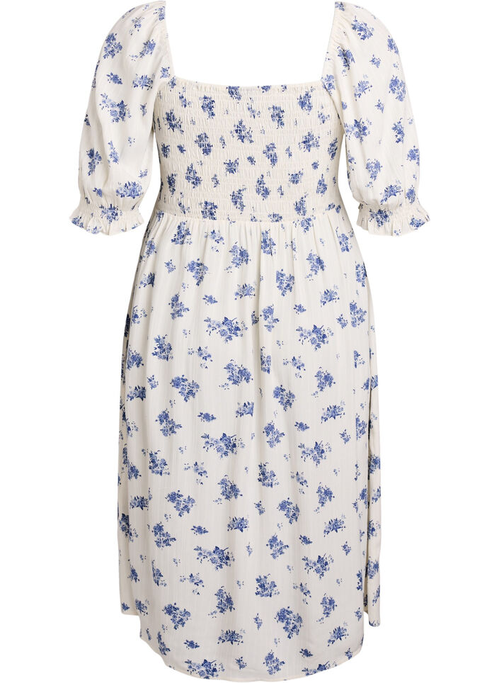 Robe midi en viscose à fleurs avec smock, Blanc, Packshot image number 1