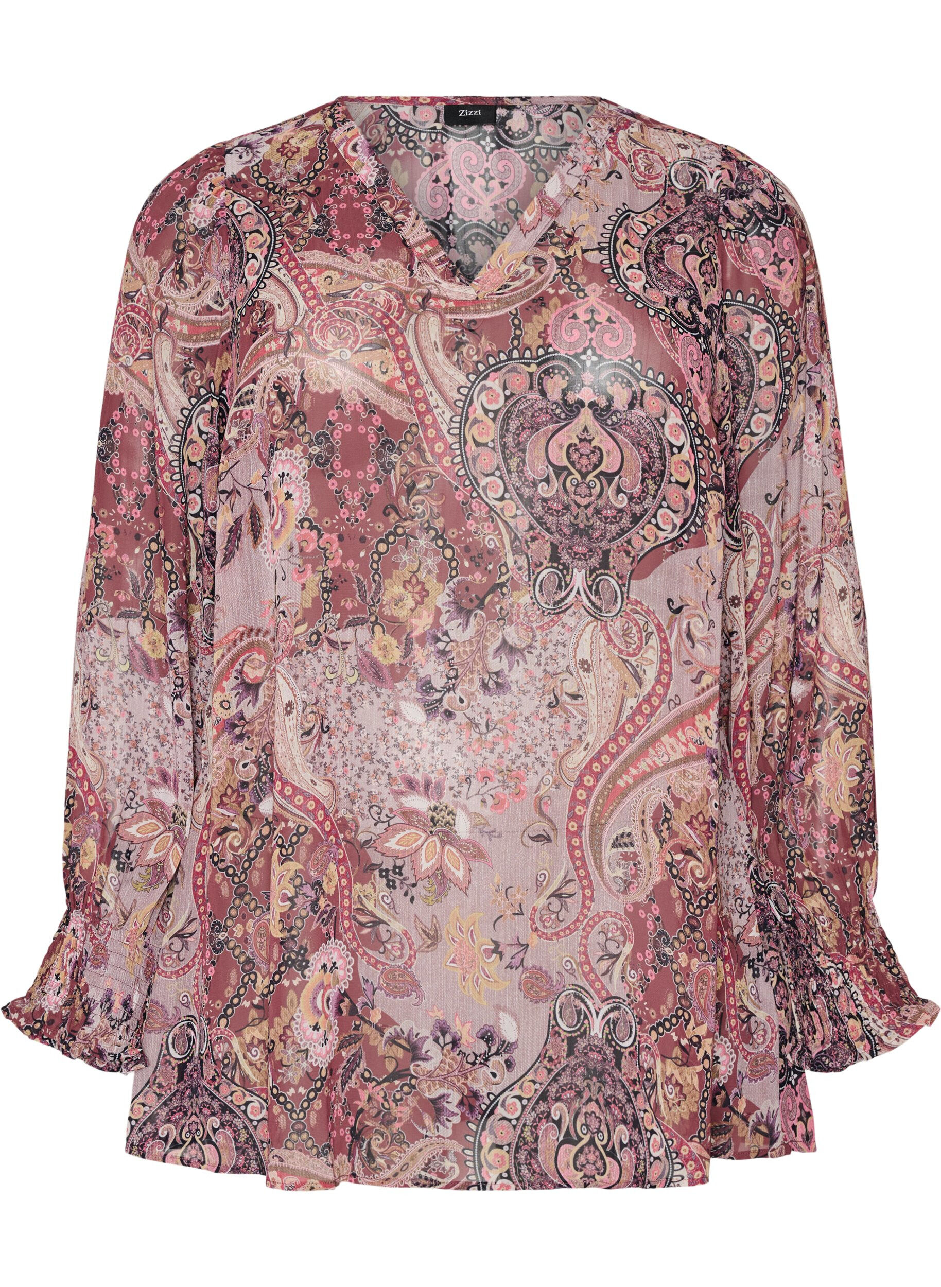 Tunic met paisleyprint en gesmokte manchetten