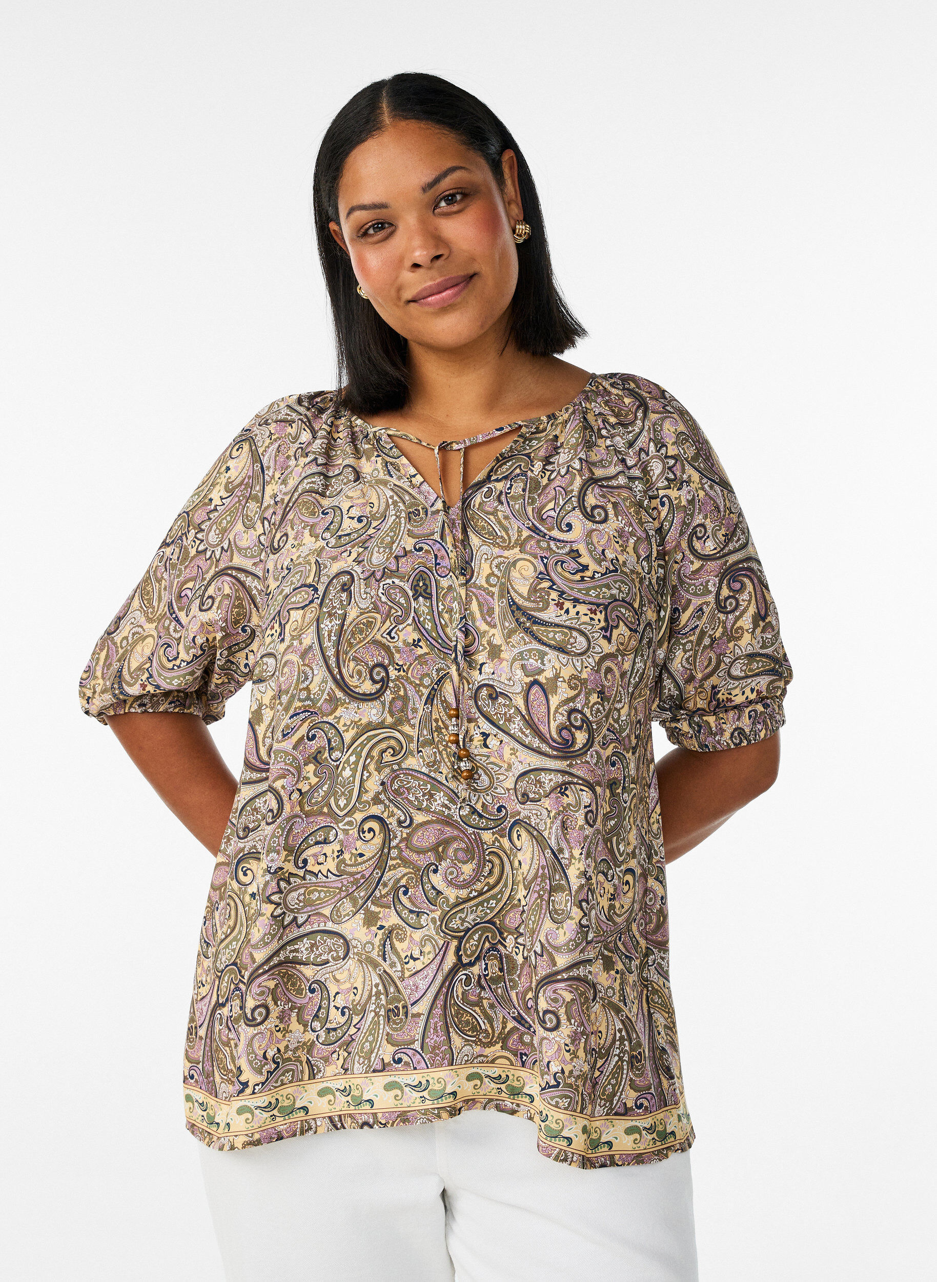 ZizziBlouse en viscose avec imprim&eacute; cachemire et lien &agrave; nouer, Jaune, Model image number 0