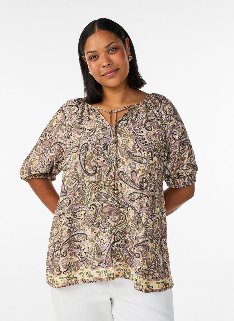 Blouse en viscose avec imprim&eacute; cachemire et lien &agrave; nouer, Jaune, Model image number 0