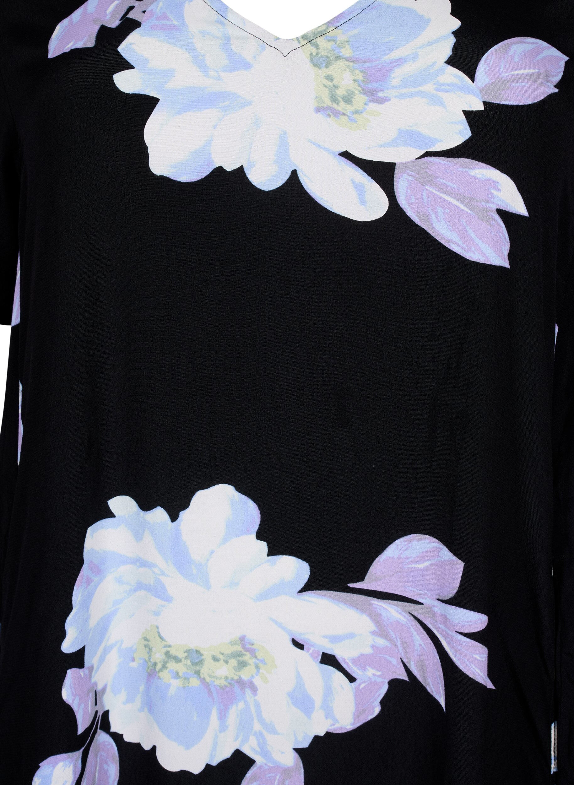ZizziJurk in viscose met bloemenprint en korte mouwen, Black Big Flower AOP, Packshot image number 2