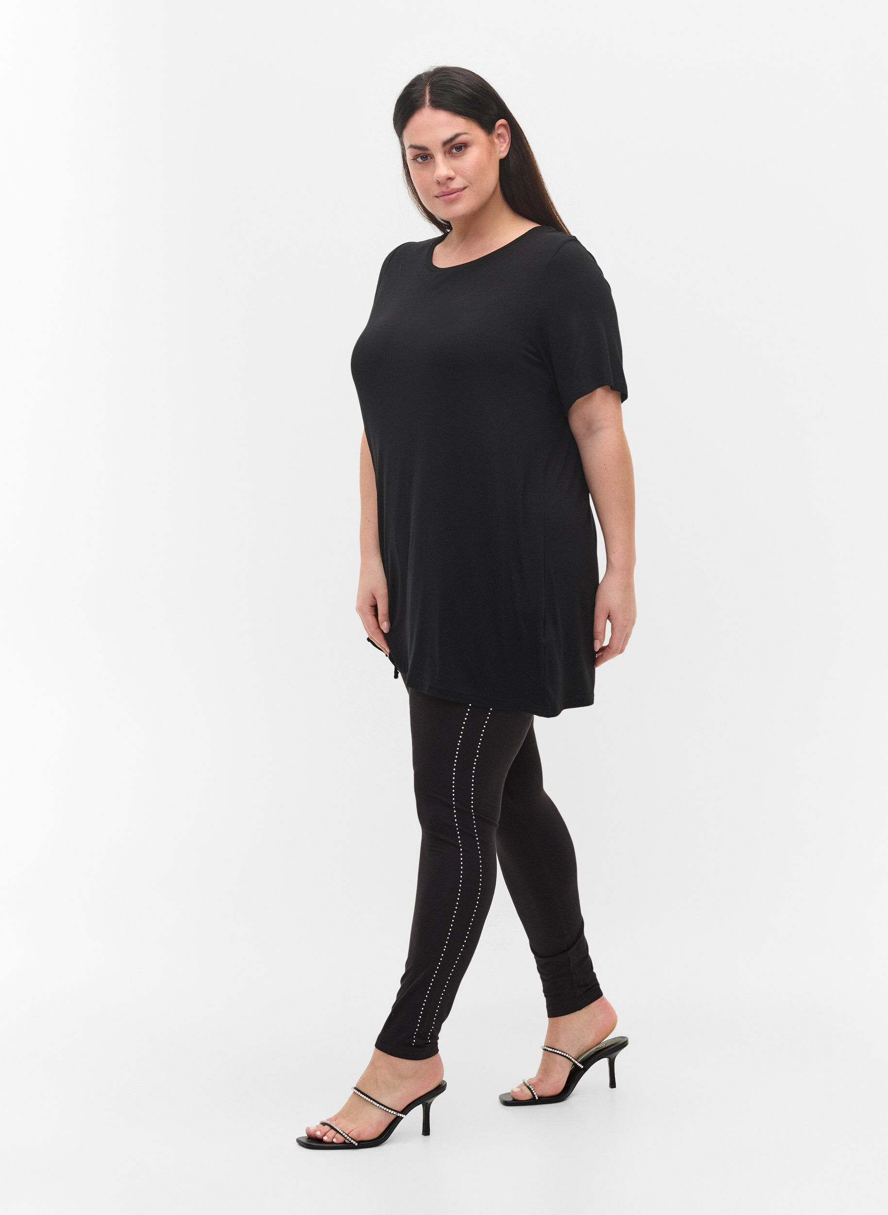 ZizziViscose legging met steentjes in de zijkant, Black, Model image number 0