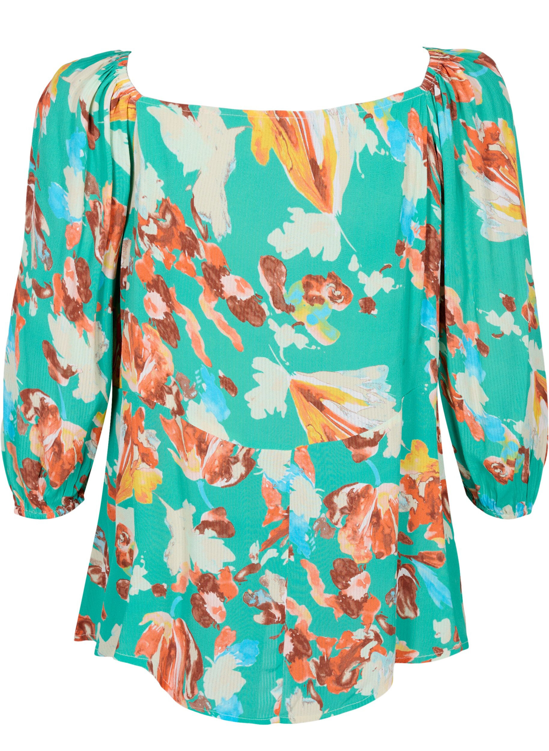ZizziBedrukte viscose blouse met 3/4 mouwen, Groen, Packshot image number 1