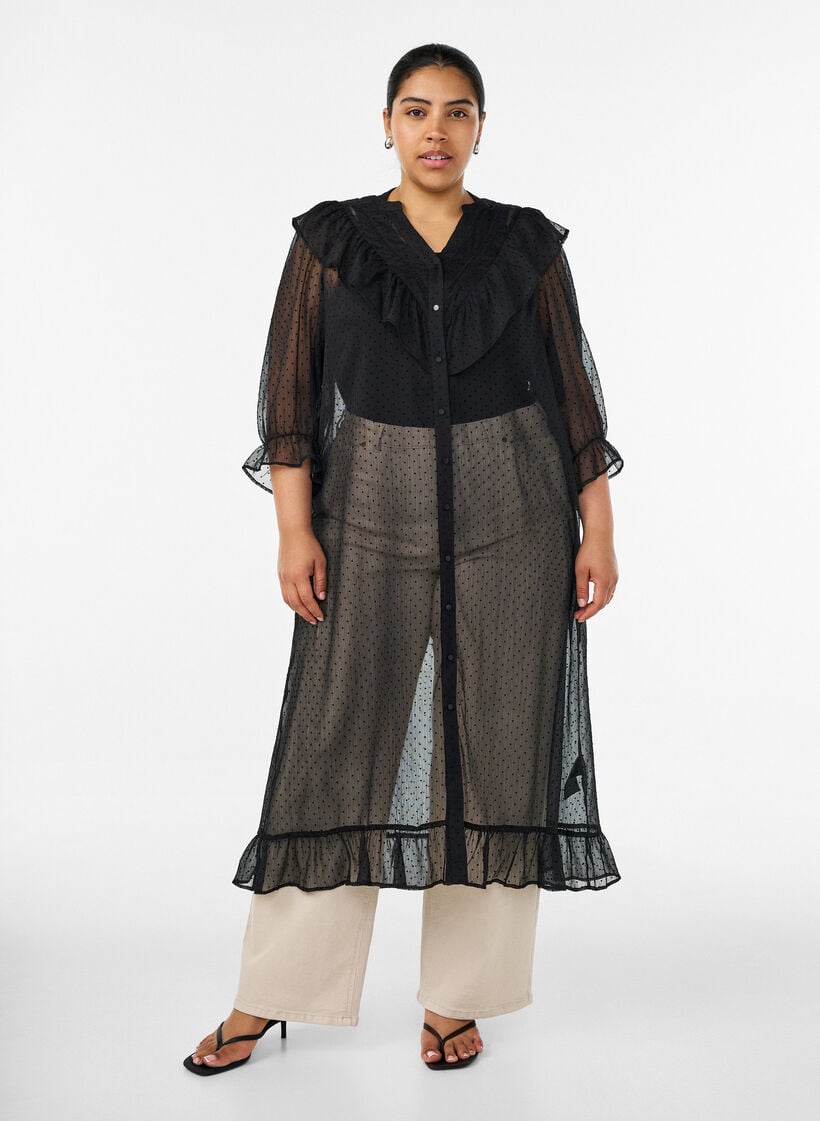 Robe midi en tissu l&eacute;ger et vaporeux &agrave; pois, avec des volants, Noir, Model image number 0