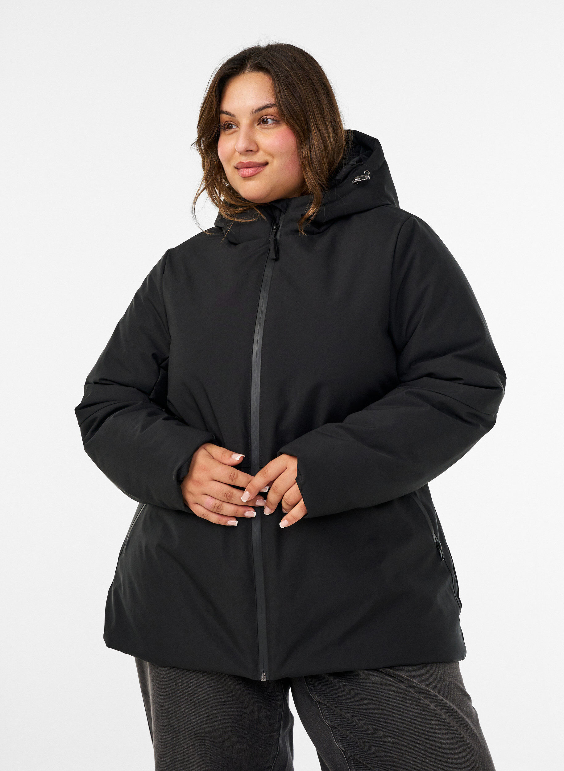 Veste d'hiver avec capuche et taille ajustable, Noir, Model