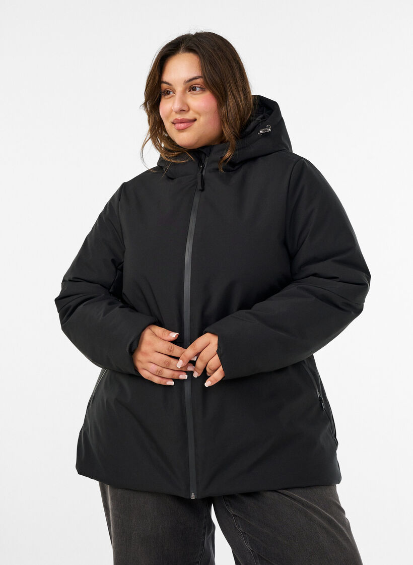Veste d'hiver avec capuche et taille ajustable, Noir, Model image number 0