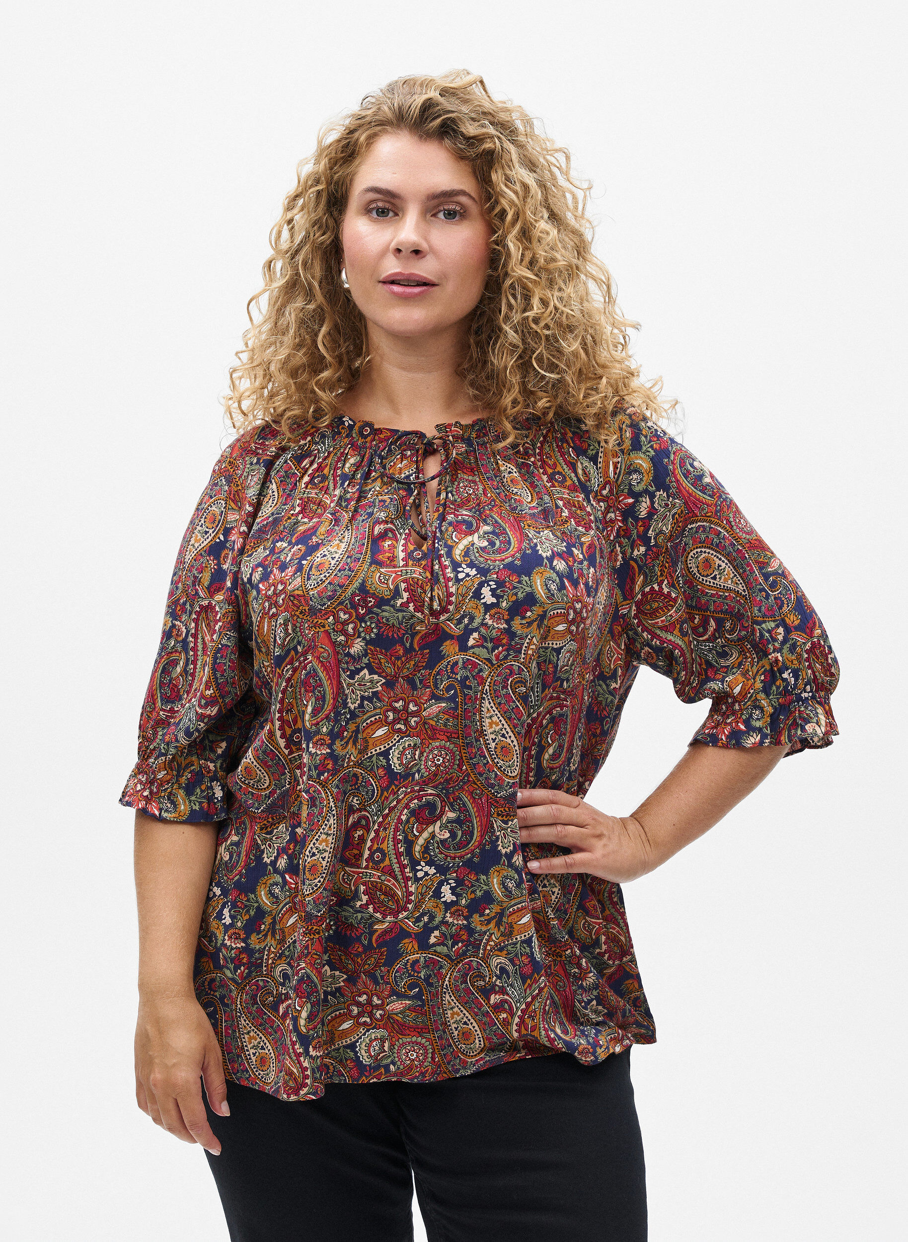 ZizziBlouse van viscose met paisley print en mouwen tot de elleboog, Blauw, Model image number 0