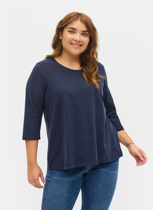 T-shirt en coton de base à manches 3/4, Navy Blazer, Model image number 0