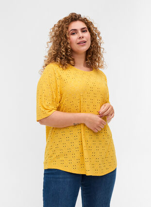 Blouse avec broderie anglaise et manches 2/4, Mimosa, Model image number 0