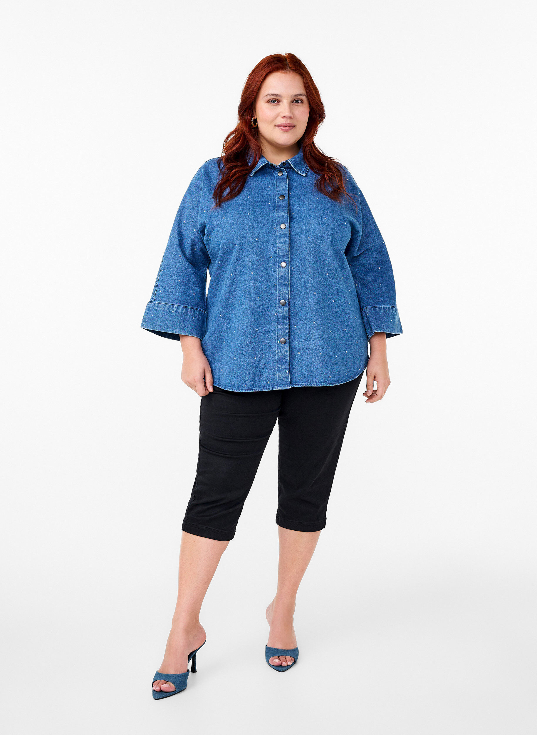 ZizziDenim shirt met strassteentjes en driekwartmouwen, Bl. Denim Rhinestone, Model image number 2