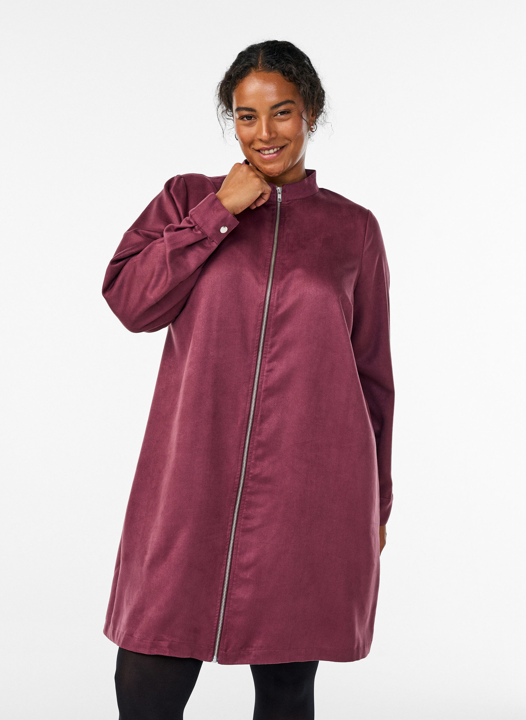 Lang overhemd van imitatie-su&egrave;de met rits, Rood, Model