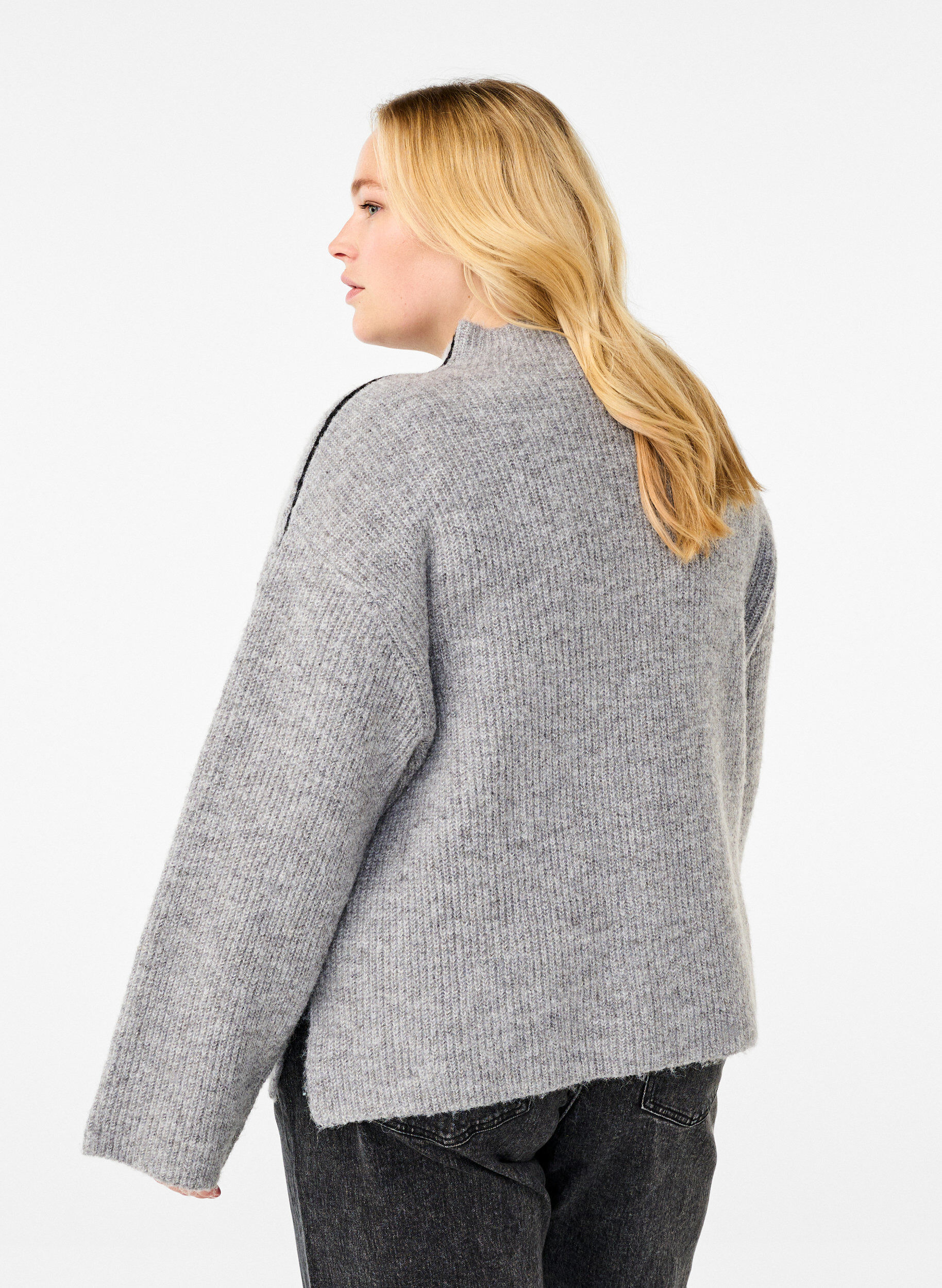 ZizziGebreide blouse met wol en contrasterende strepen, Medium Grey Melange, Model image number 1
