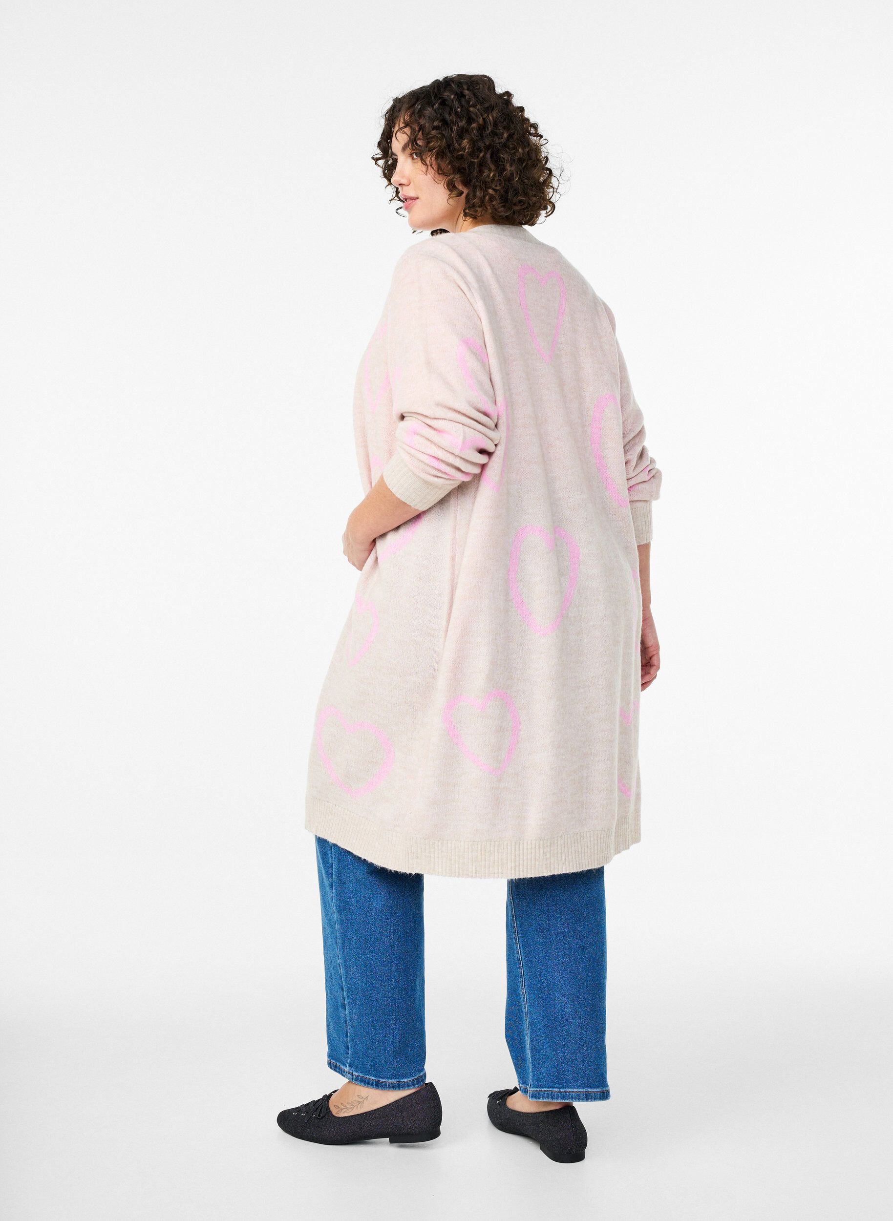 Zizzi Long cardigan &agrave; c&oelig;urs ton sur ton, Beige, Model image number 2