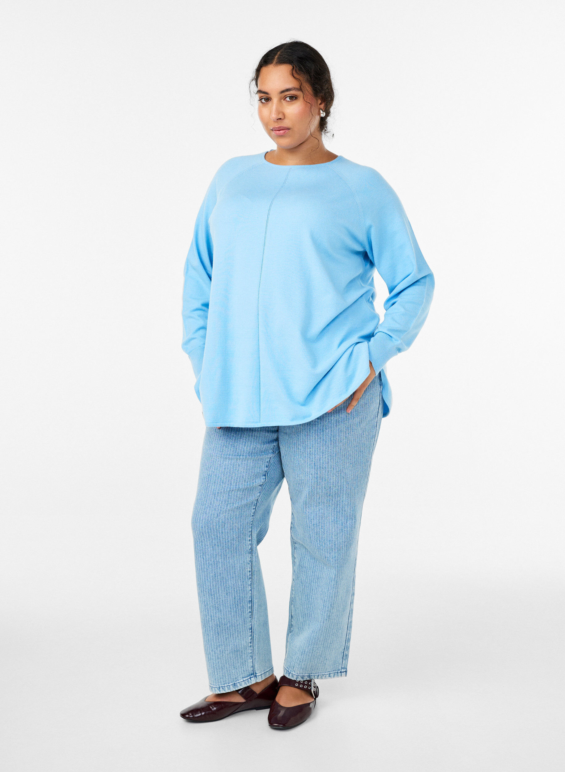 ZizziBlouse en maille &agrave; col rond et motif tricot&eacute;, Bleu Clair, Model image number 1