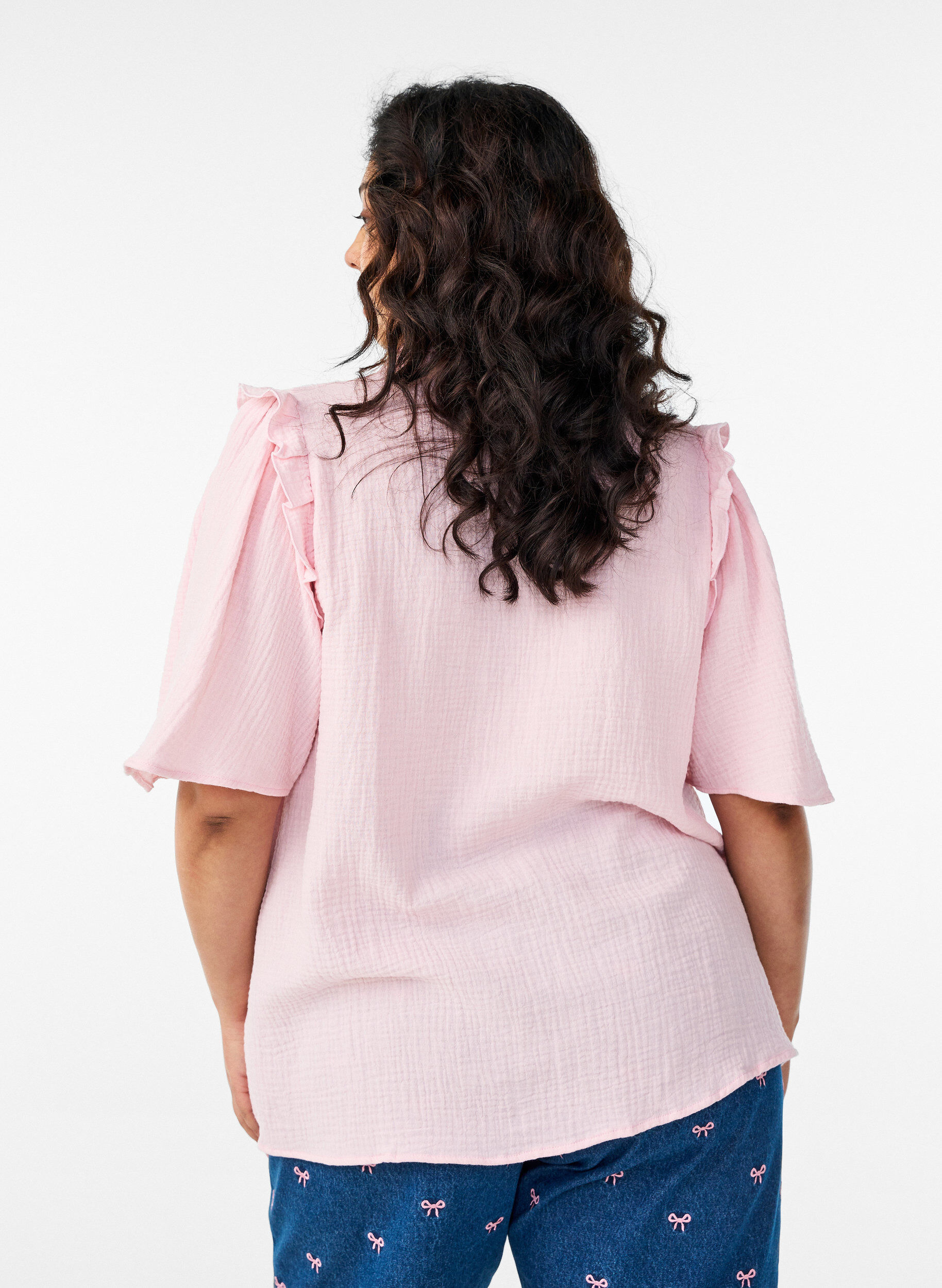 ZizziBlouse in katoen mousseline met broderie anglaise en 1/2 mouwen, Roze, Model image number 2
