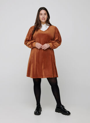 Velours jurk met lange pofmouwen, Brown ASS, Model image number 2
