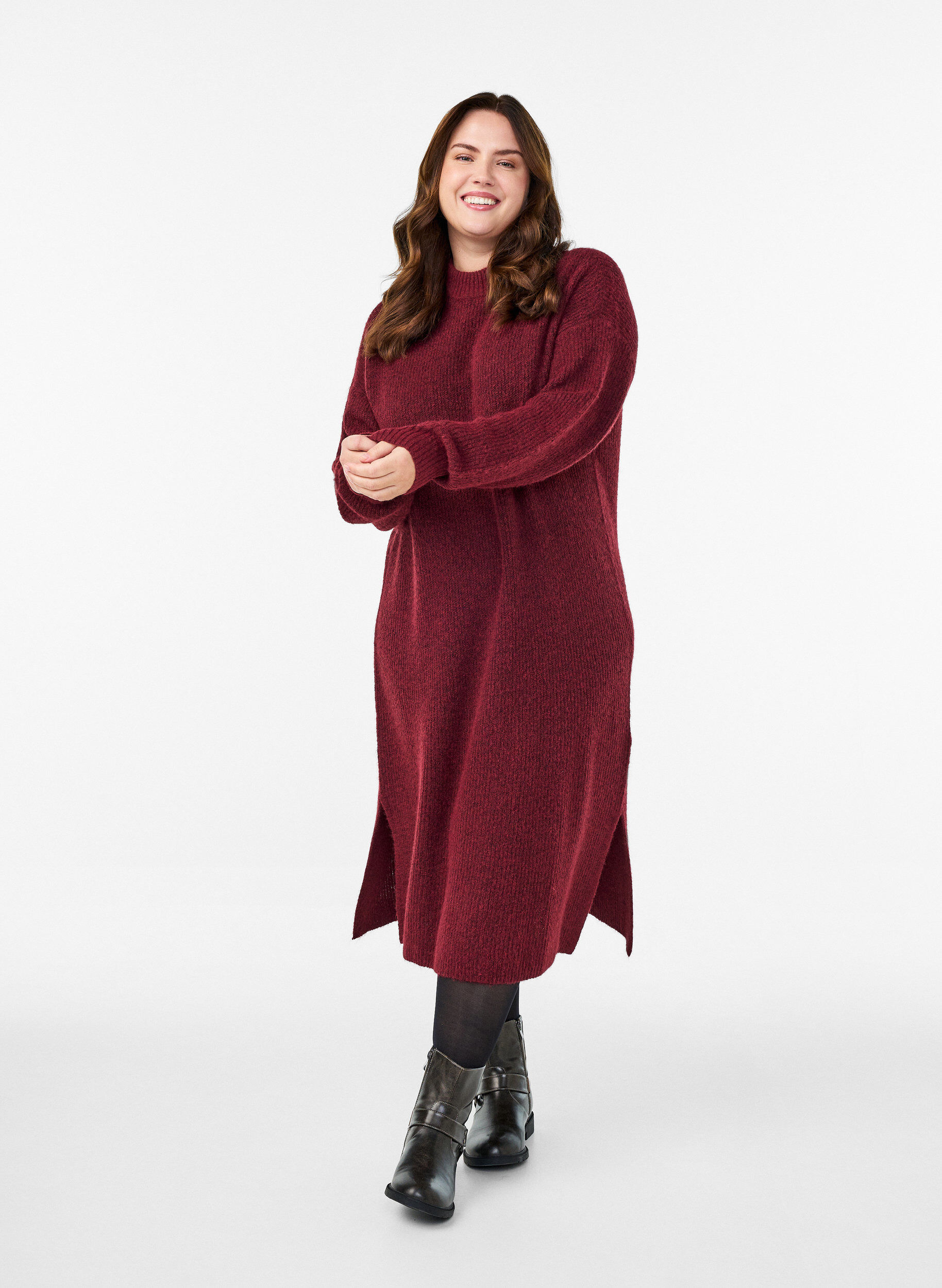 Lange gebreide jurk met hoge hals, Rood, Model