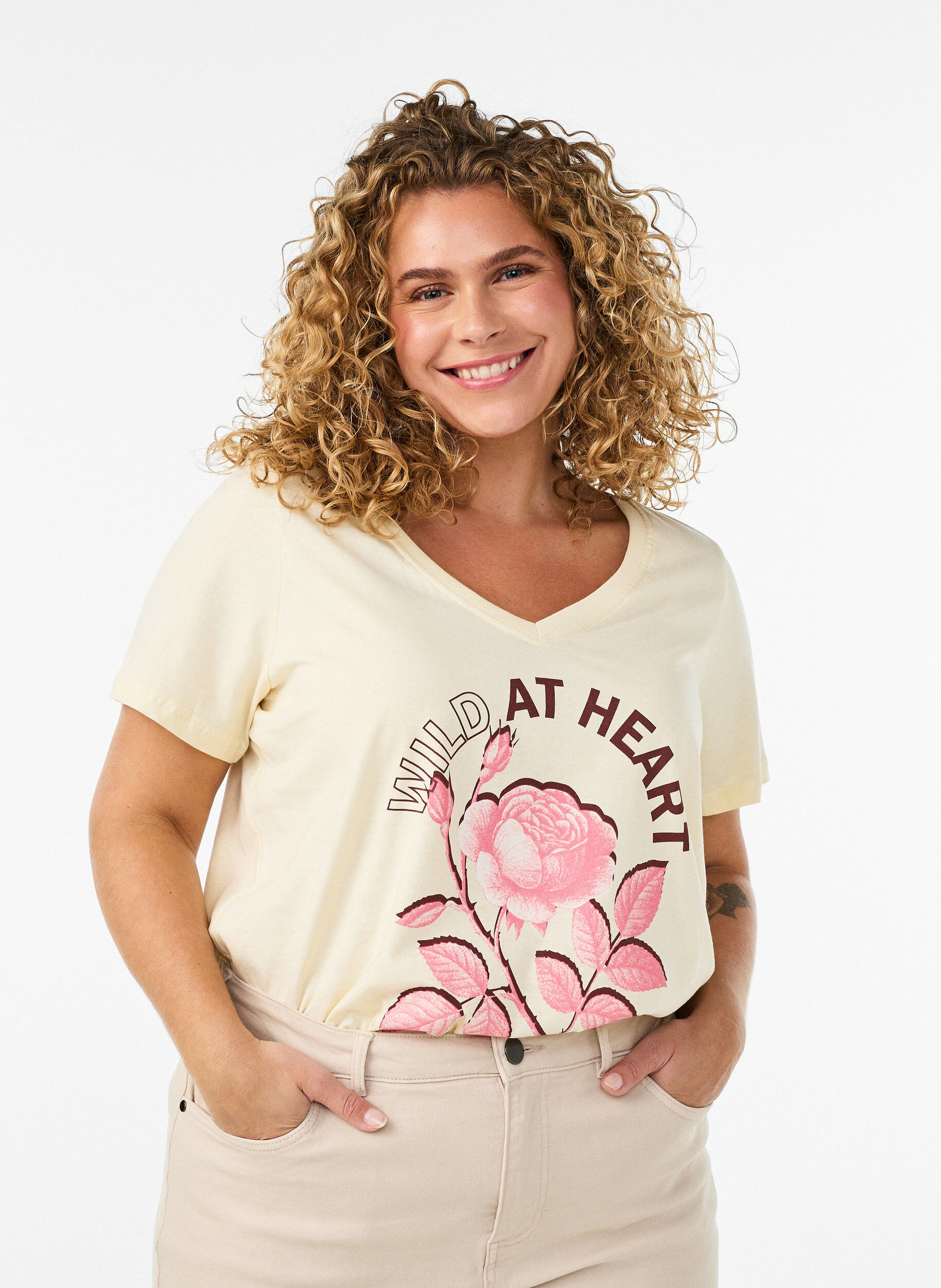 Katoenen T-shirt met V-hals en print aan de voorkant, Beige, Model