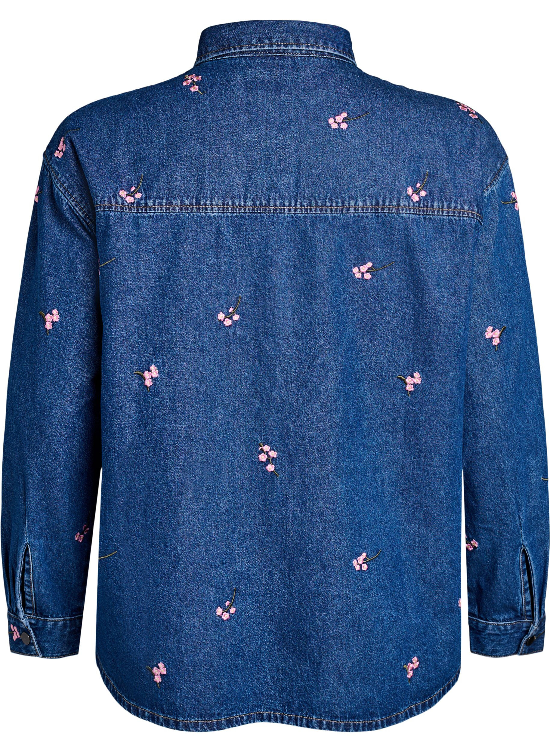 Zizzi Chemise en jean avec fleurs brod&eacute;es, Bleu, Packshot image number 1