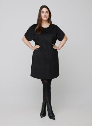 jurk in imitatiesuède met korte mouwen, Black, Model image number 2