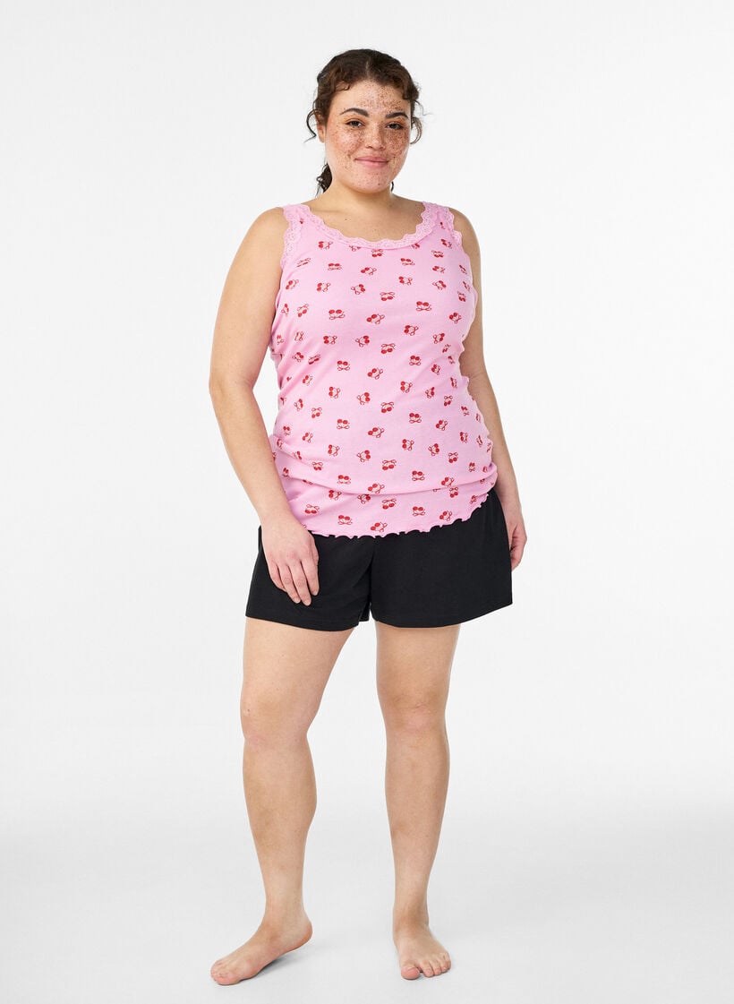 Top avec imprim&eacute; et bord en dentelle, Rose, Model image number 1
