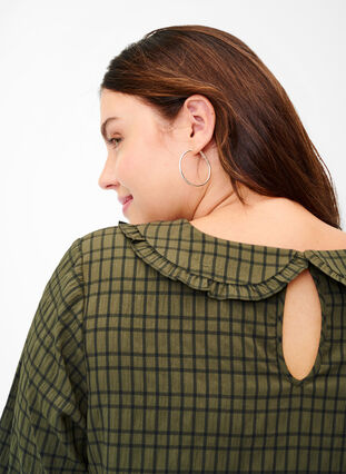 Geruite blouse met 3/4-mouwen en kraag met ruches, Ivy Green Check, Model image number 2