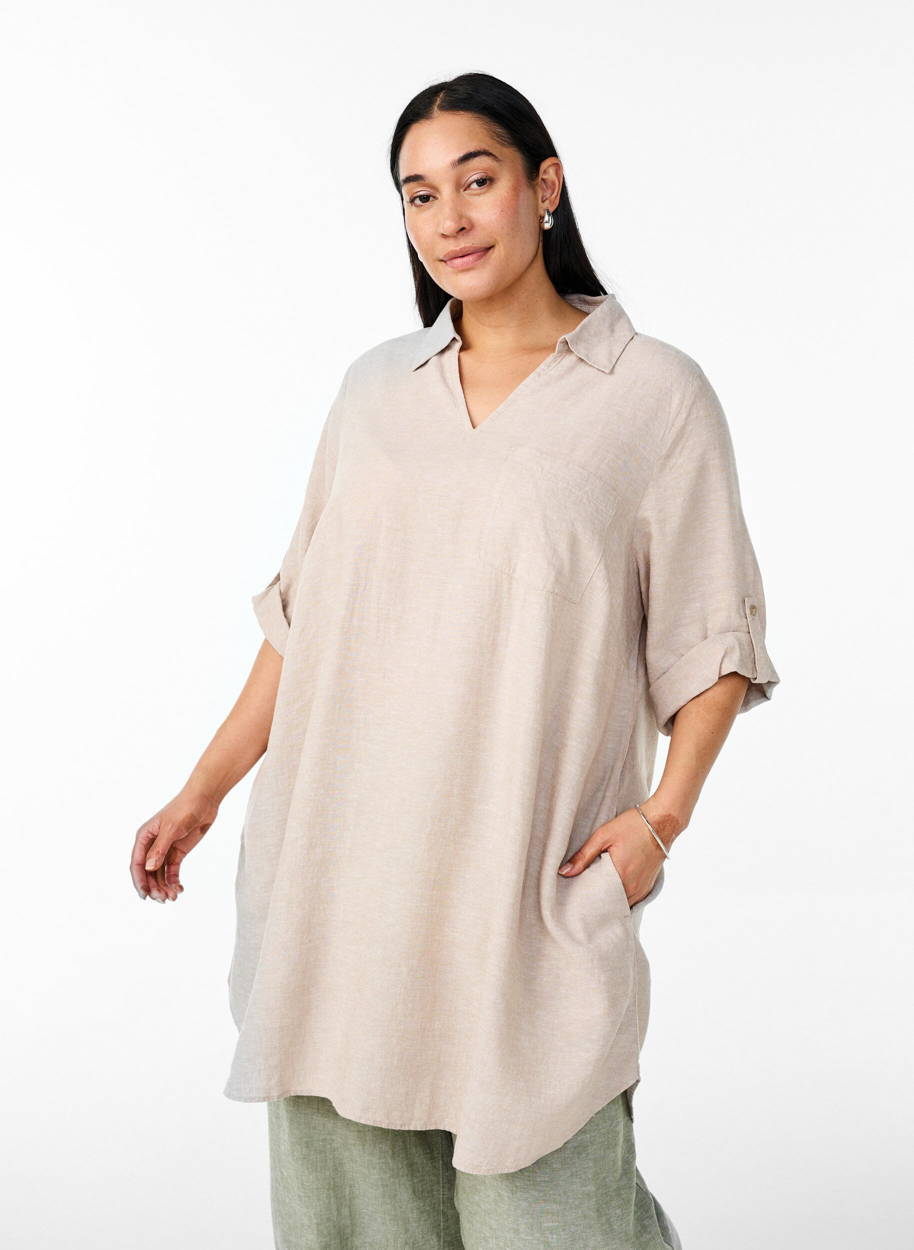 Tunique coupe trap&egrave;ze en lin et viscose, Beige, Model