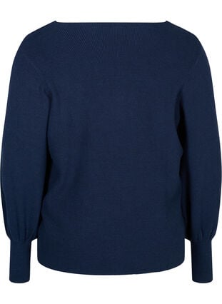 Pull en tricot à col en V et manches ballon, Navy Blazer, Packshot image number 1
