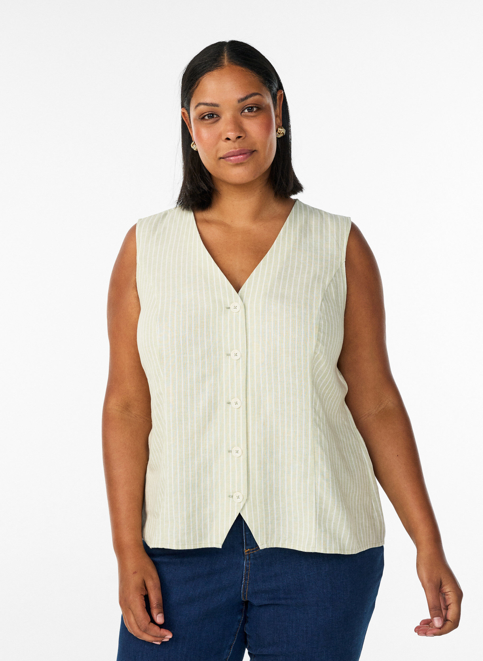 Gilet ray&eacute; en lin et viscose, Vert clair, Model
