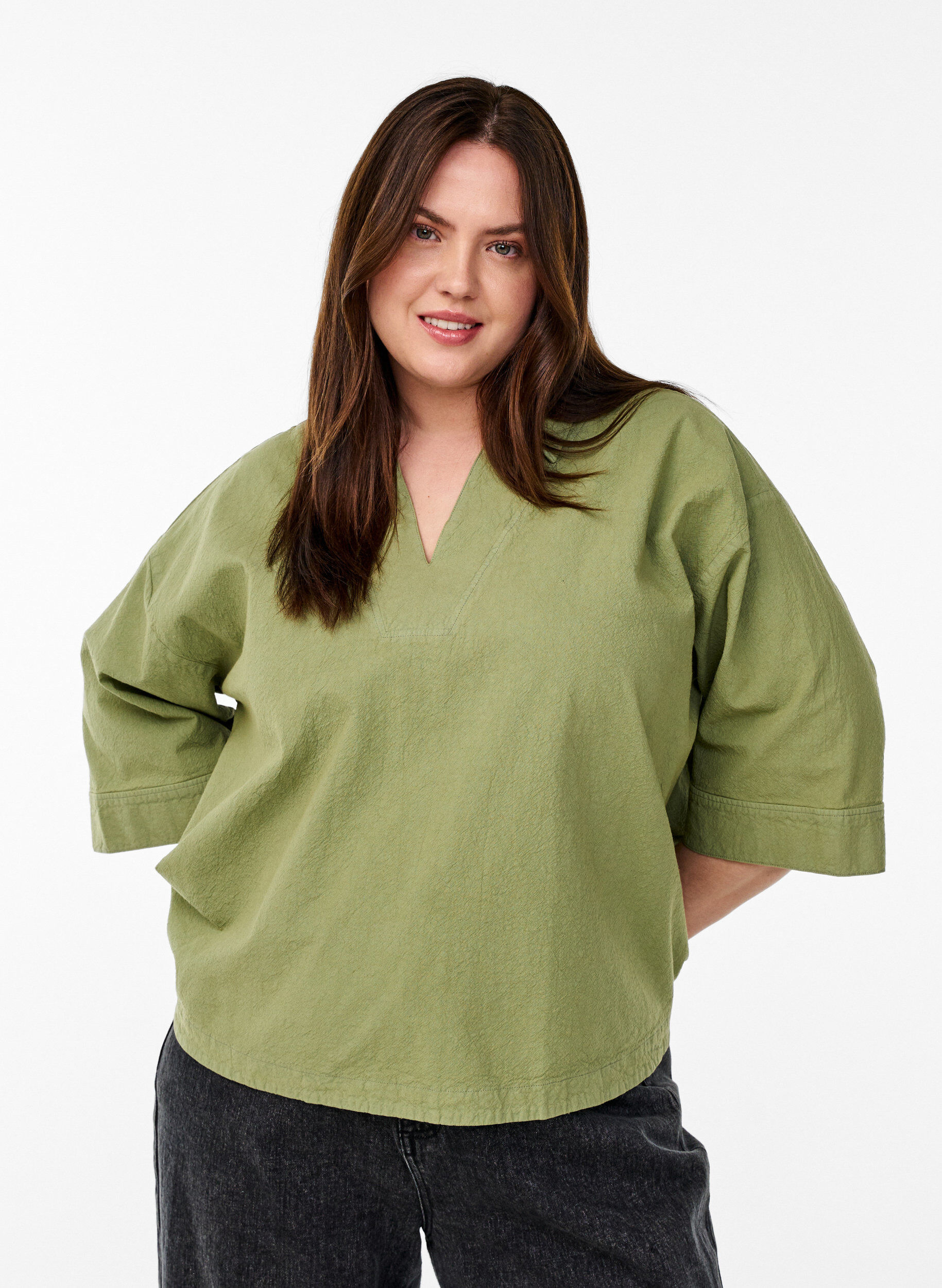 Blouse ample avec col et manches 1/2, Vert, Model