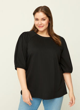 Sweat blouse met pofmouwen, Black, Model image number 0