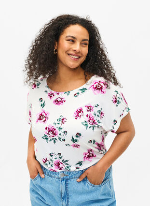 Viscose blouse met korte mouwen en bloemen, White Pink AOP, Model image number 0