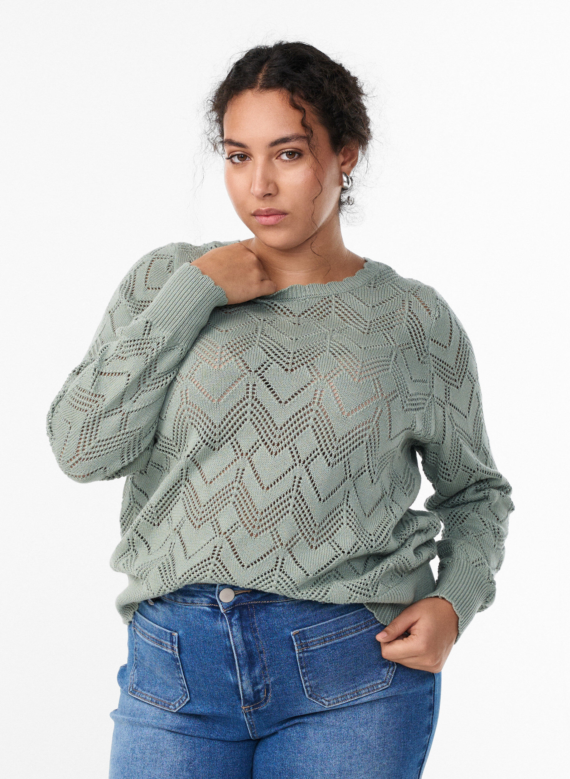 Blouse en maille &agrave; motifs avec bord ondul&eacute; et encolure ronde, Vert clair, Model