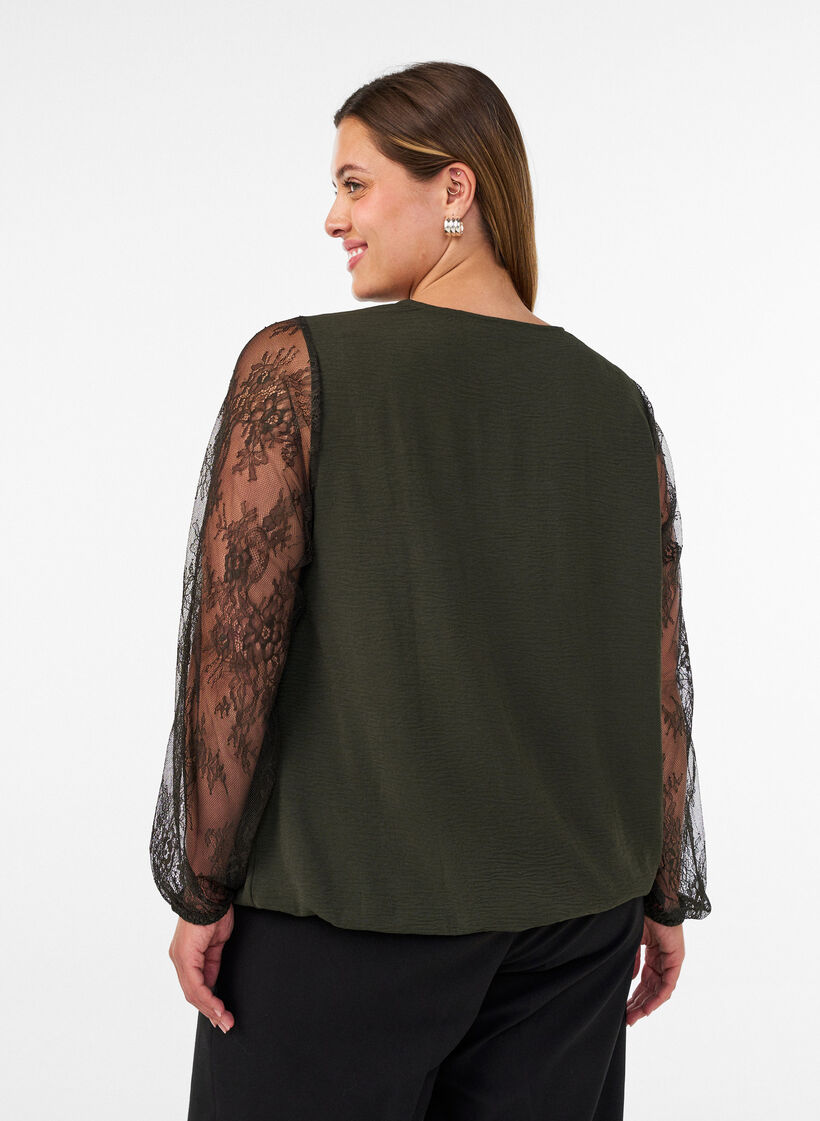 Blouse met kanten mouwen en ballonvorm, Groen, Model image number 2