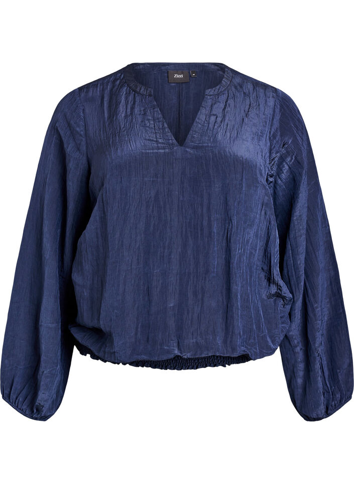 Blouse met V-hals en gekreukte textuur, Blauw, Packshot image number 0