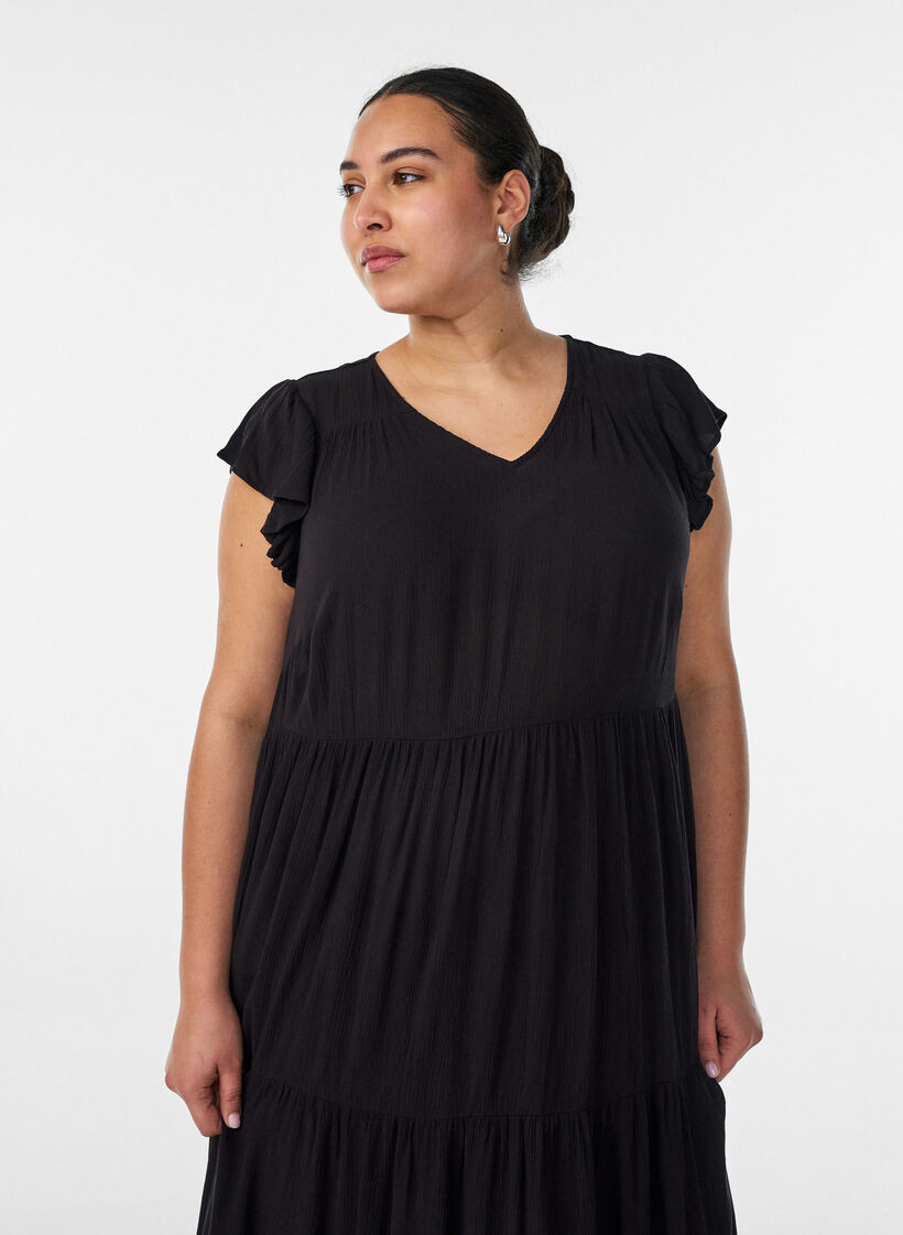 Robe midi en viscose avec manches &agrave; volants, Noir, Model image number 2