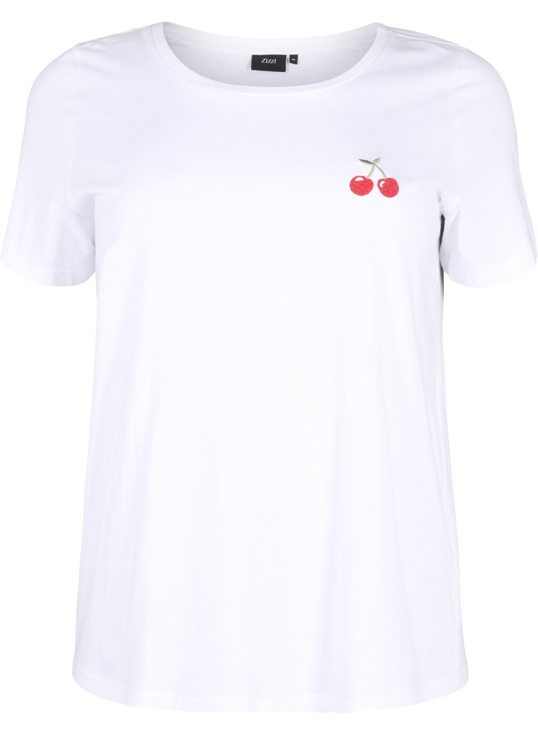 Zizzi T-shirt en coton avec une cerise brod&eacute;e, B.White CherryEMB., Packshot image number 0