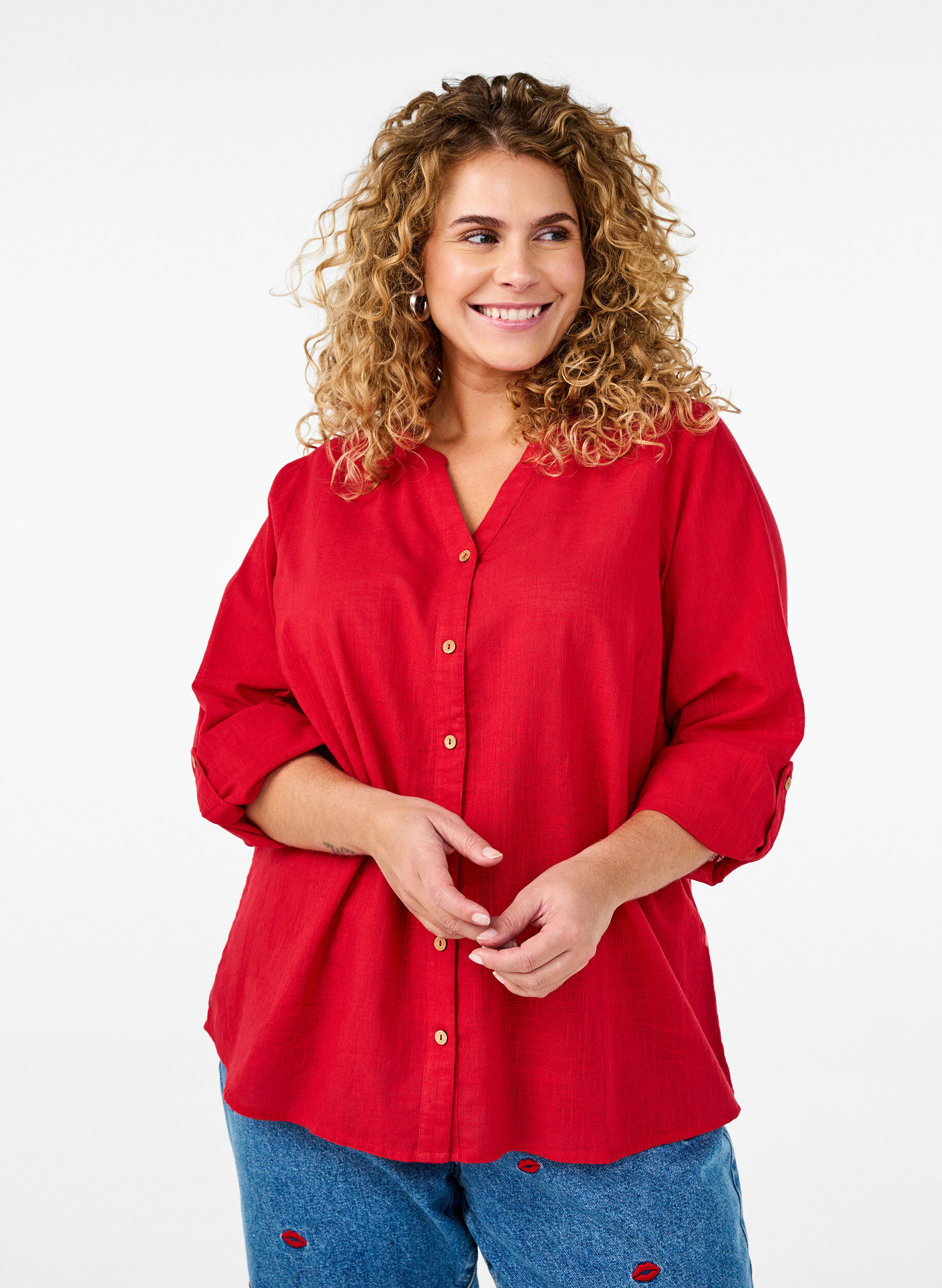 ZizziKatoenen blouse met een V-hals, Rood, Model image number 0