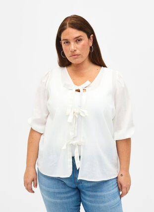 Katoenen blouse met 3/4 mouwen in een katoenmix met linnen, Bright White, Model image number 0