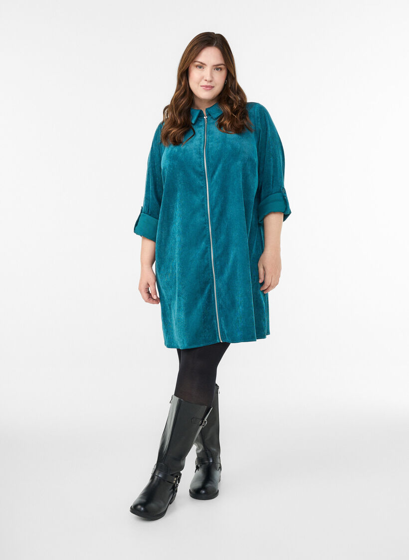Robe en velours côtelé avec zip et manches 3/4, Vert foncé, Model image number 1
