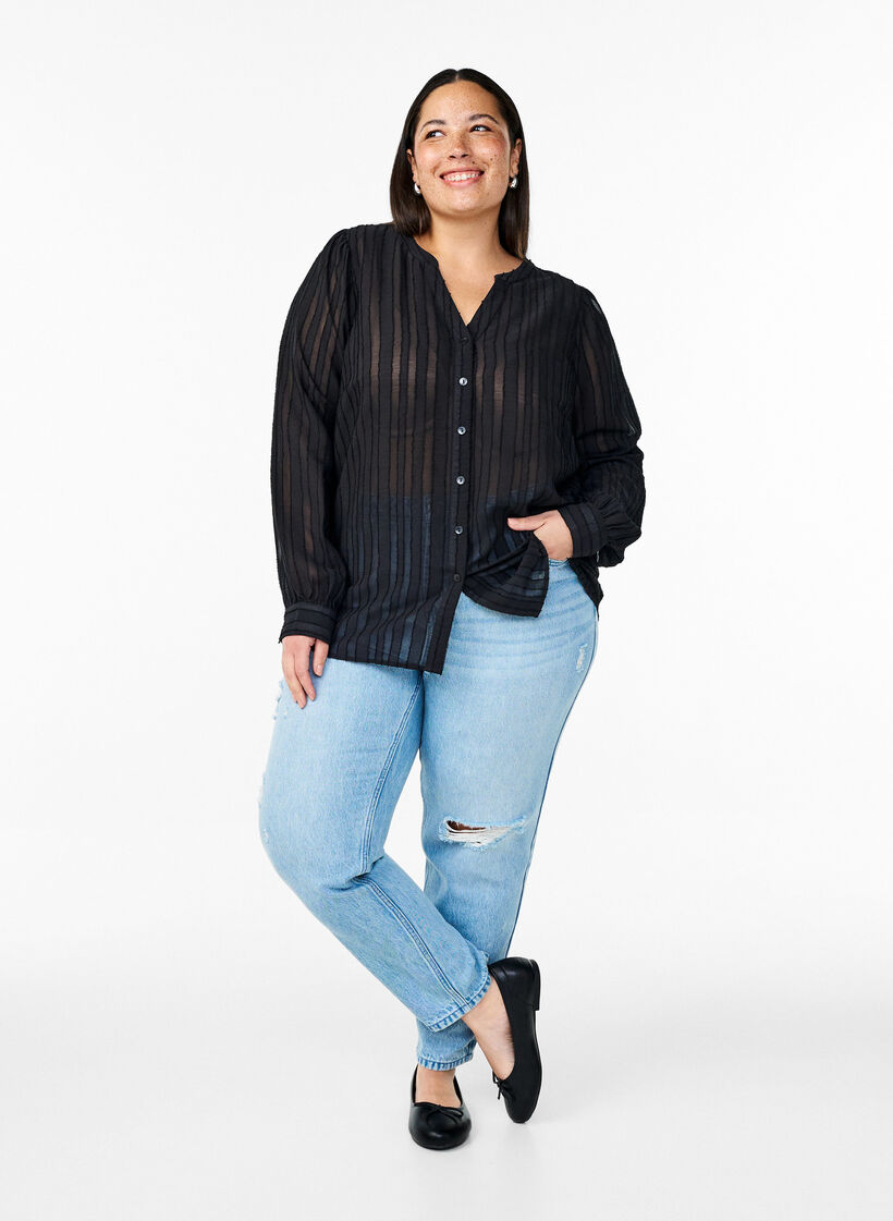 Gestreepte blouse met transparante strepen, Zwart, Model image number 1