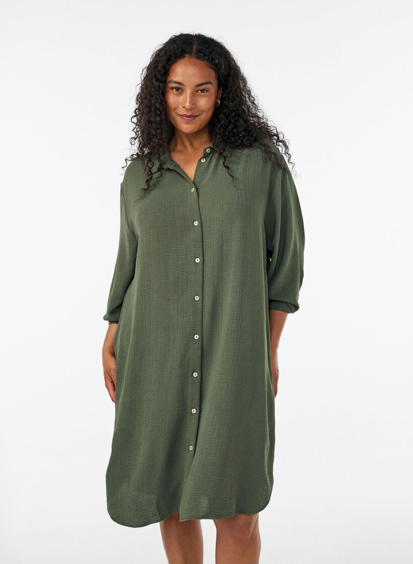 Lange shirt met een lichte textuur, Groen, Model image number 2