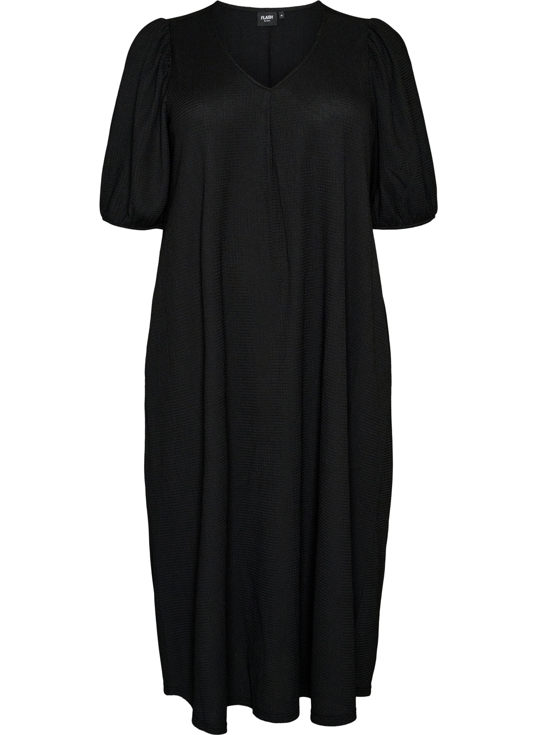 ZizziRobe midi avec col en V et texture, Noir, Packshot image number 0
