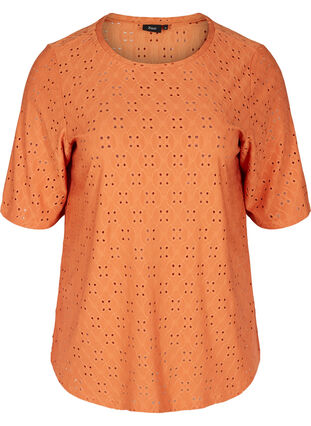Blouse avec broderie anglaise et manches 2/4, Brandied Melon, Packshot image number 0