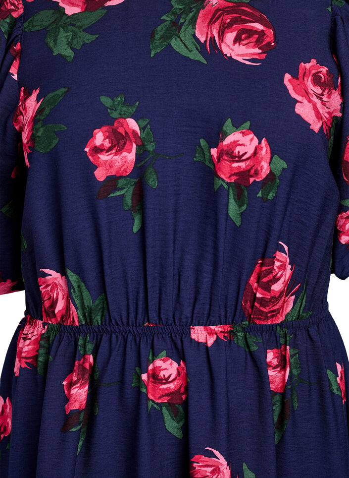 Midi-jurk met rozenprint en korte ballonmouwen, Blauw, Packshot image number 2