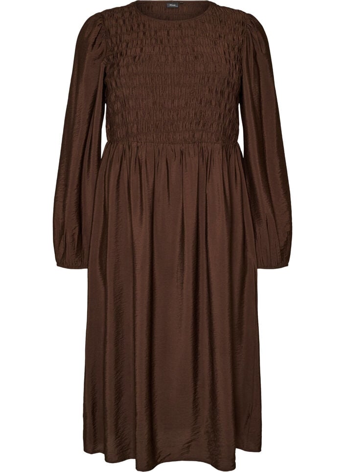 Robe midi en viscose avec smocks, Marron, Packshot image number 0