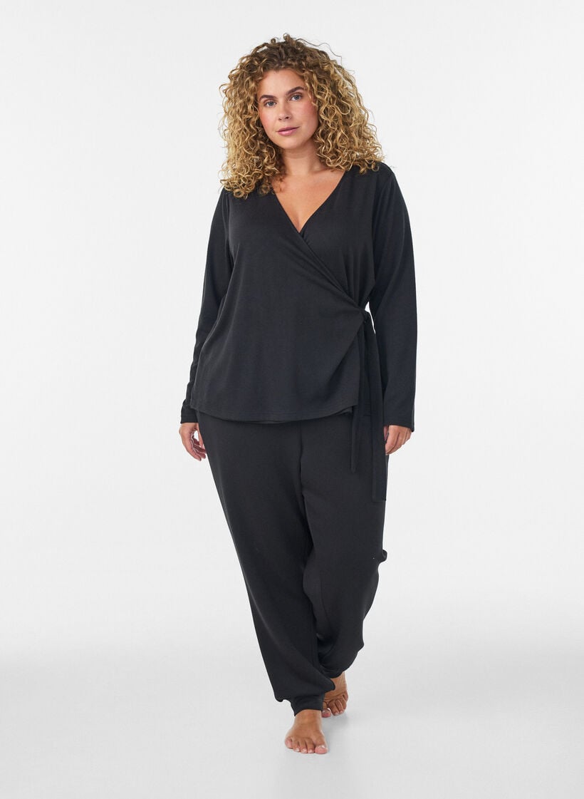 Jersey wikkelblouse met een striksluiting, Zwart, Model image number 1
